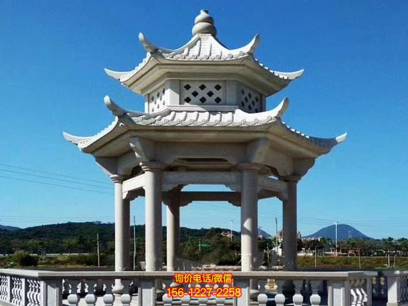 青石花崗巖景區戶外雙層仿古涼亭雕塑 青石花崗巖景區戶外雙層仿古涼亭雕塑