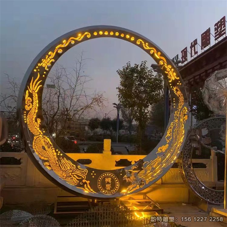 不銹鋼鏡面月亮雕塑，發光圓環月亮雕塑加工廠